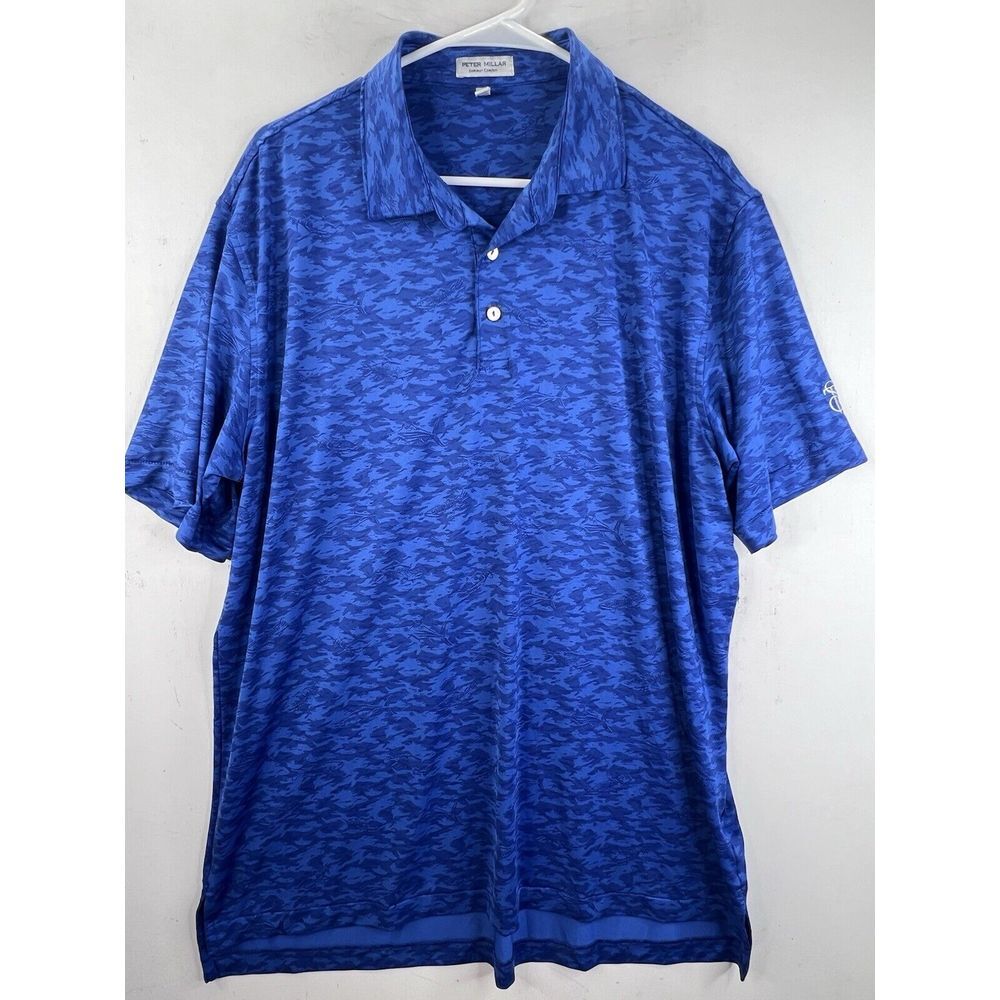 Peter Millar Polo Shirt Mens Large Blue Summer Comfort‎ Fish Camo Print Golf - Picture 2 of 10